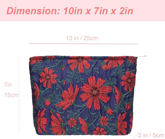Flat Makeup Bag for Women,Zipper Cosmetic Pouch for Purse,Brocade Navy Blue