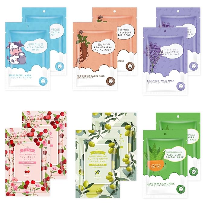 GUOYAOLIFU 12 Pack Sheet Face Masks Skincare for Women,Hydrating Face Masks Suitable for Dry Sensitive Skin,Bulk Facial Mask Gifts Set for Skin Care,Home Skincare Spa for All Skin Types