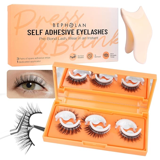 Bepholan Self Adhesive Eyelashes Natural Look Press On Lashes No Glue Needed Pre Glued Eyelashes Reuseable Waterproof Self Adhesive Lashes Wispy Fluffy Lashes with Tweezer3 Pairs Pack