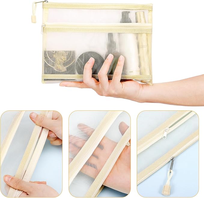 Sinzip 12 Pieces Zipper Nylon Mesh Pouch, Mesh Cosmetic Bags Makeup Bags Pencil Case, Multipurpose Travel Bags for Cosmetic School Office Supplies and Travel Accessories (2 Layers-Beige, A5)