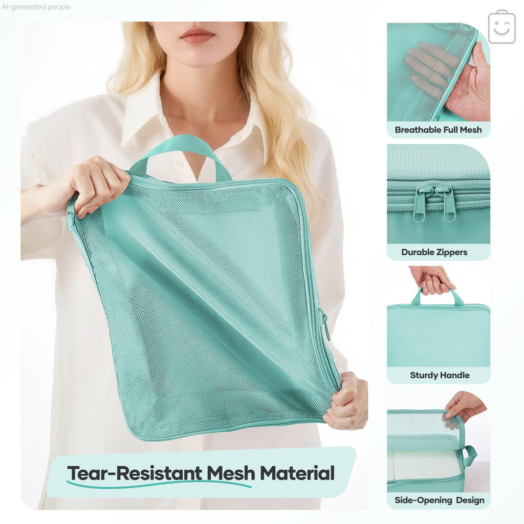 Veken 9/11 Set Compression Packing Cubes Garment Bags for Travel Essentials,Compressible Expandable Luggage Organizer Bags for Clothing,Space Saver Bags with Over 1000 pcs of Mesh Holes(Blue Green)