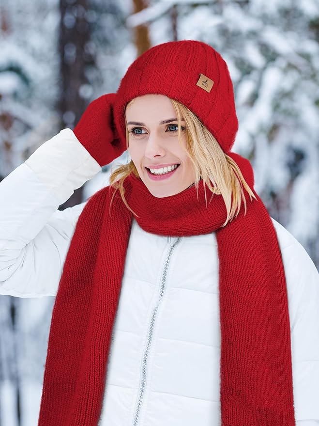 LOROME Winter Beanie Hat Gloves Scarf, Cashmere Hat Gloves Scarf Set Women