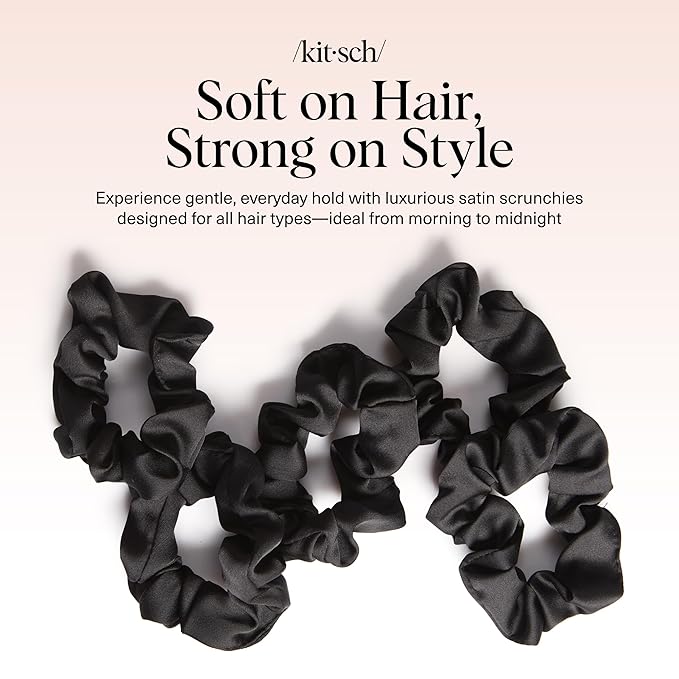 Kitsch Satin Scrunchies for Women | For All Hair Types - Black, 5pcs