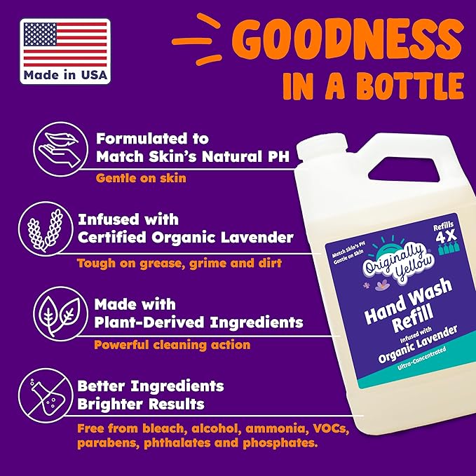 Originally Yellow Plant-Derived Hand Soap Infused with Organic Lavender | Gentle Hand Soap | Soap (64 Fl Oz (1 Pack), Lavender)
