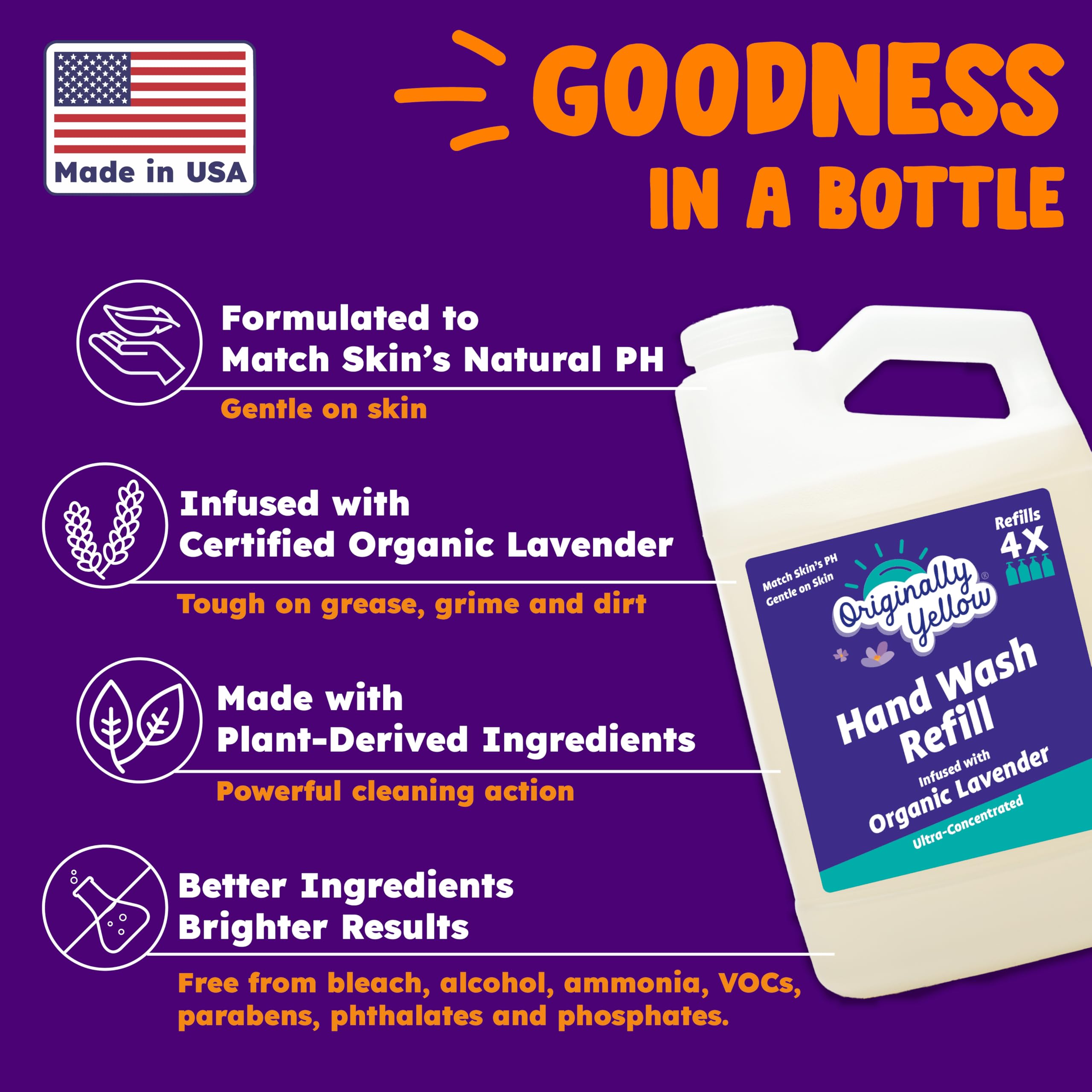 Originally Yellow Plant-Derived Hand Soap Infused with Organic Lavender | Gentle Hand Soap | Soap (64 Fl Oz (1 Pack), Lavender)