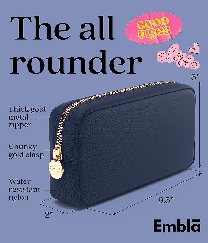 Embla Makeup Bag Travel Cosmetics Pouch and Toiletry Bag, Nylon Zipper Pouch Purse, Cute Make Up Organizer Storage Tote for Women Girls, Travel Skincare Case, Small Makeup Bags, Sapphire