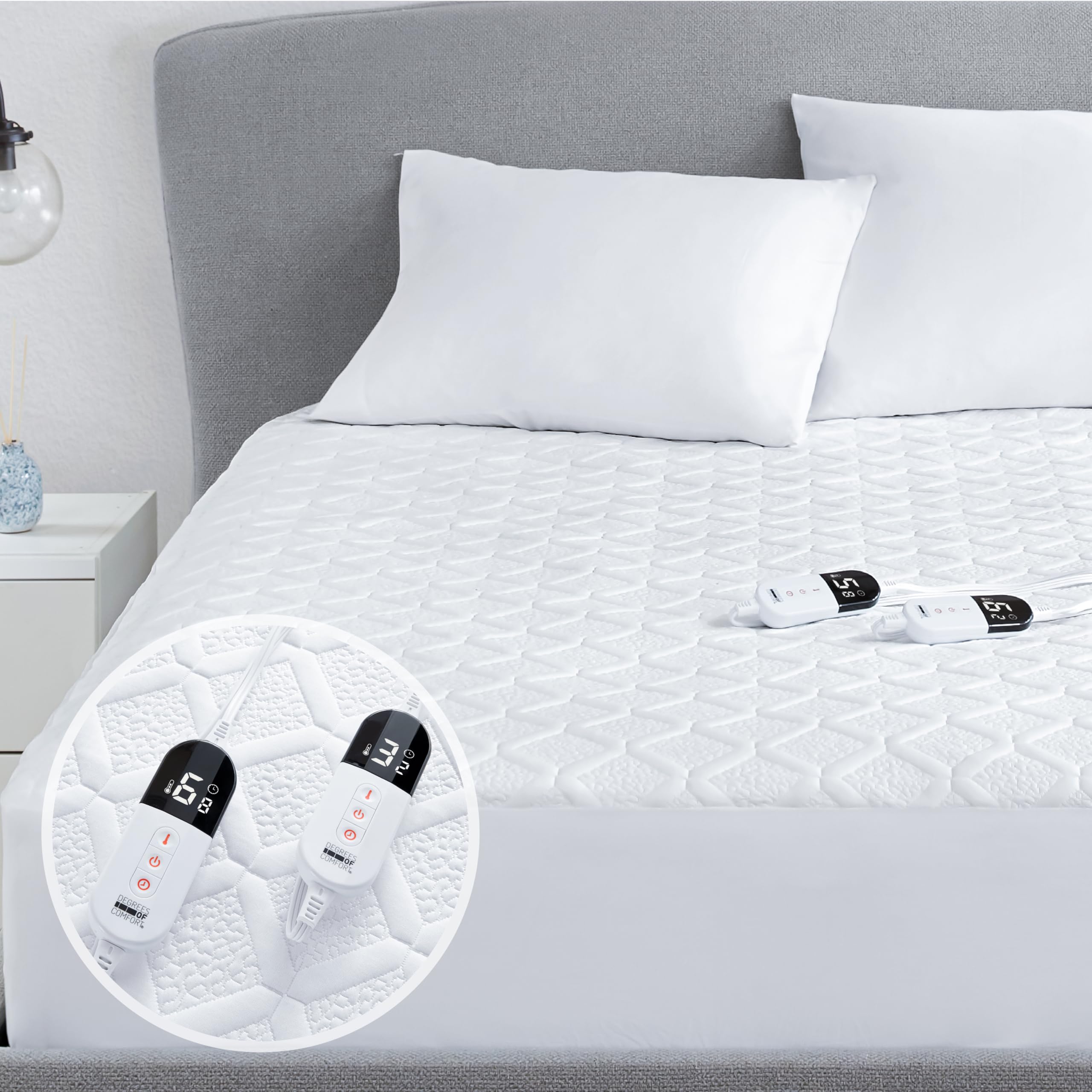 California King Heated Mattress Pad - Degrees of Comfort Electric Bed Warmer with Dual Controllers, 6 Heating Levels, 10-Hour Auto Shut-Off, Breathable Air-Layer, 72" x84