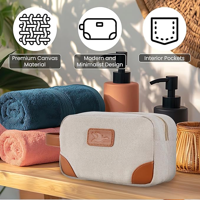 GOOSERIDE Small Makeup Bag for Women and Men - Cute Cosmetic Bag for Travel, Multipurpose Canvas Make up Pouch for Accessories, Mini Makeup Purse with Zipper and Internal Pockets for Toiletries - Sand