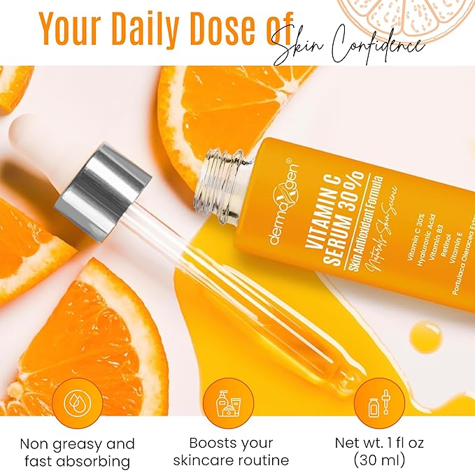 DERMAXGEN 30% Organic Vitamin C Serum for Face – Natural Anti-Wrinkle Serum with Hyaluronic Acid & Vitamin E – Anti-Aging Moisturizer for Fine Lines, Dark Spots & Skin Rejuvenation – 2 Fl oz