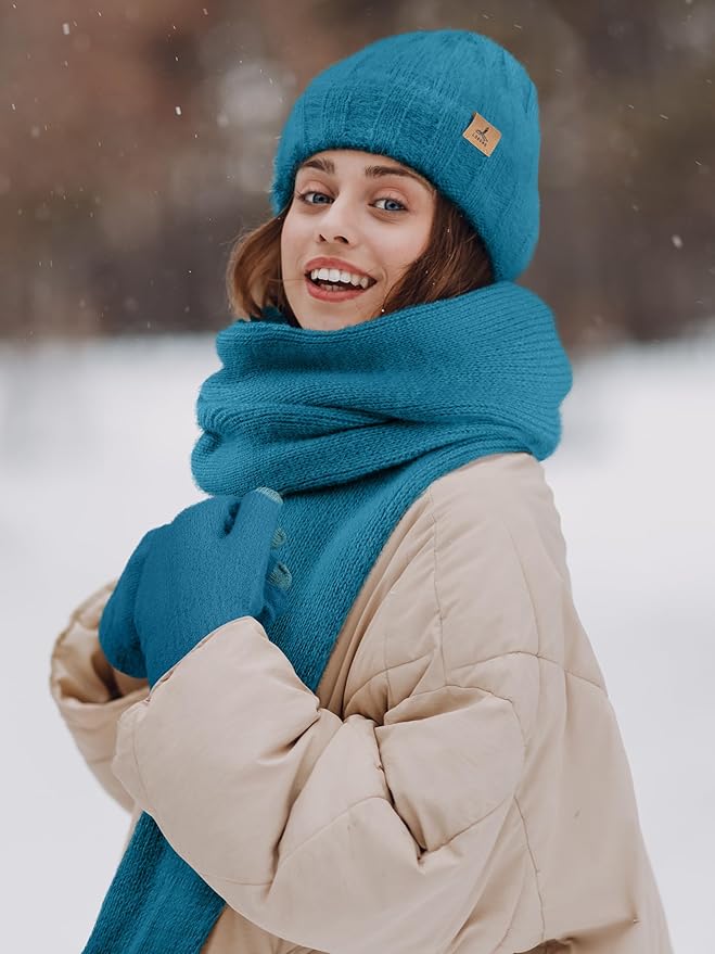 LOROME Winter Beanie Hat Gloves Scarf, Cashmere Hat Gloves Scarf Set Women