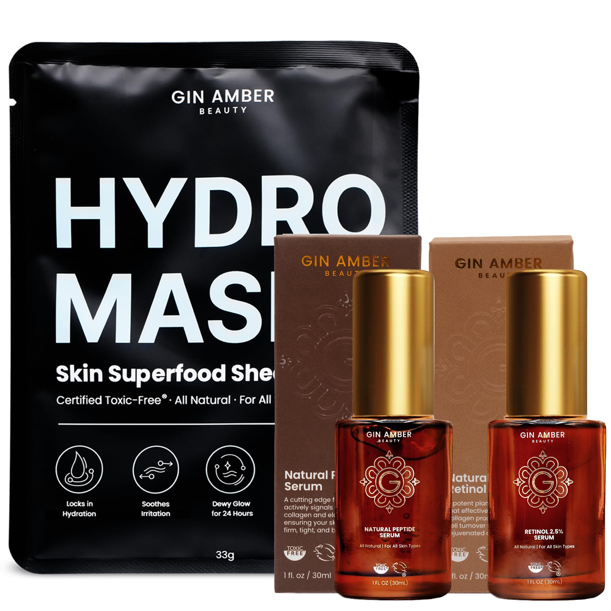 Gin Amber Beauty Peptide & Retinol Serum + Superfood Sheet Mask Trio Set