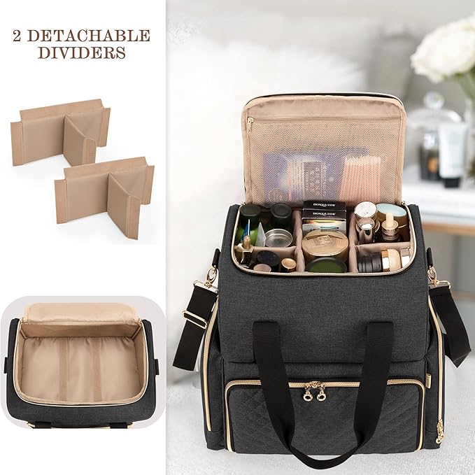 LUXJA Large Travel Makeup Bag with 3 Removable Makeup Cases, Black
