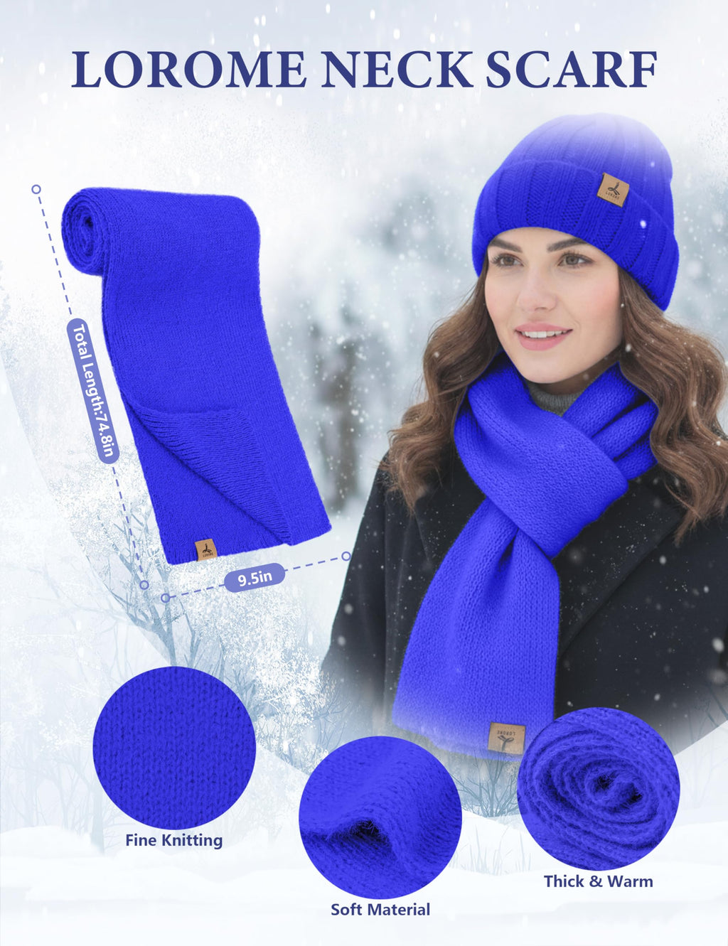LOROME Winter Beanie Hat Gloves Scarf, Cashmere Hat Gloves Scarf Set Women