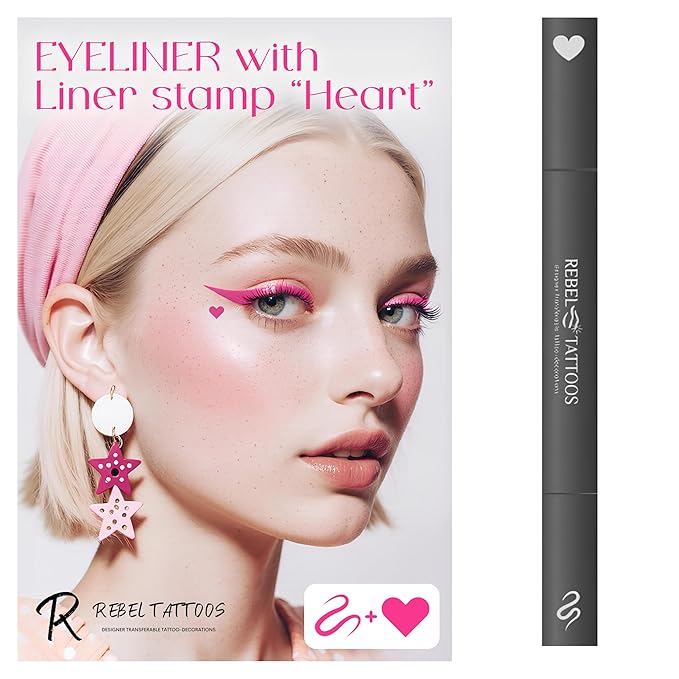 Rebel Tattoos 2-in-1 Eyeliner Stamp, Pigmented Intense Black Formula, Smudge-Budge Proof, Sweatproof, 24 Hour Stay Eyeliner Stamp Star Butterfly or Heart (Pink Heart)