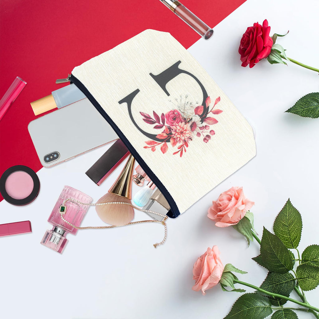 Initial A-Z Personalized Floral Makeup Bag, Monogrammed Birthday Gifts for Women Mom, Mothers Day Christmas Gift Ideas for Best Friend, Bride Bridesmaid, Her, Grandma, Small Travel Cosmetic Bag (G)