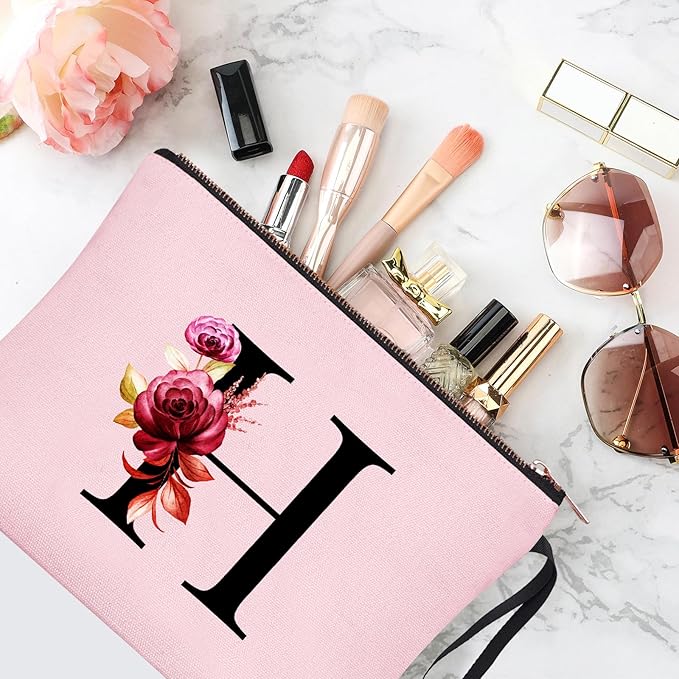 Vavabox A-Z Personalized Makeup Bag, Birthday Gifts for Women Mom, Gifts for Best Friend, Bride Bridesmaid Cosmetic bag (H, 06-Pink)