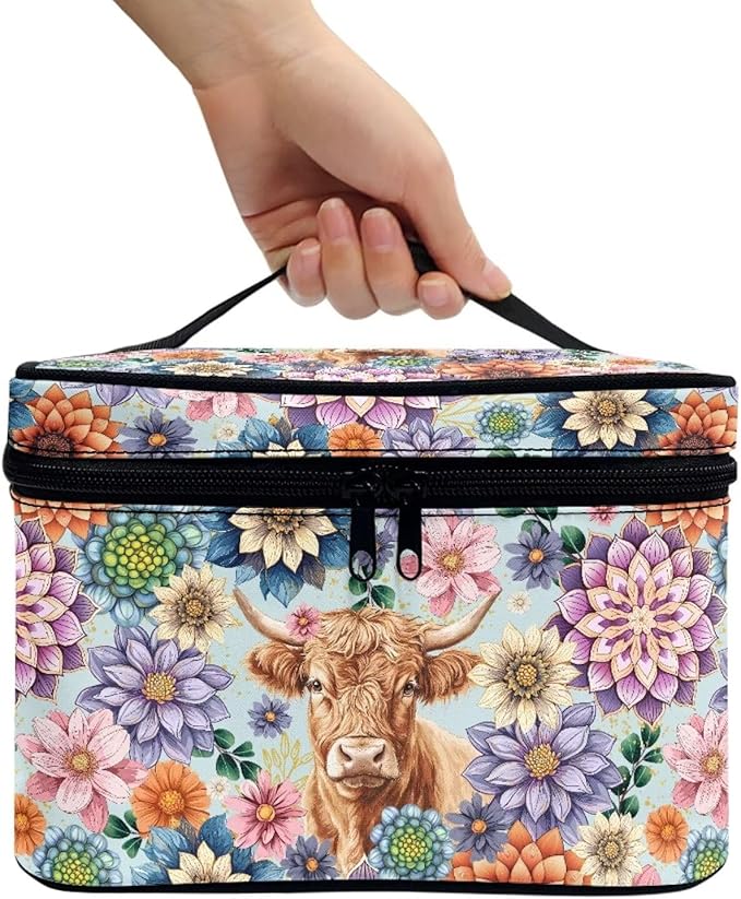Drydeepin Boho Mandala Highland Cattle Pattern Travel Makeup Bags for Women Portable Tote Cosmetic Case with Carry Handle Toiletry Accessories Storage Organizer Bags