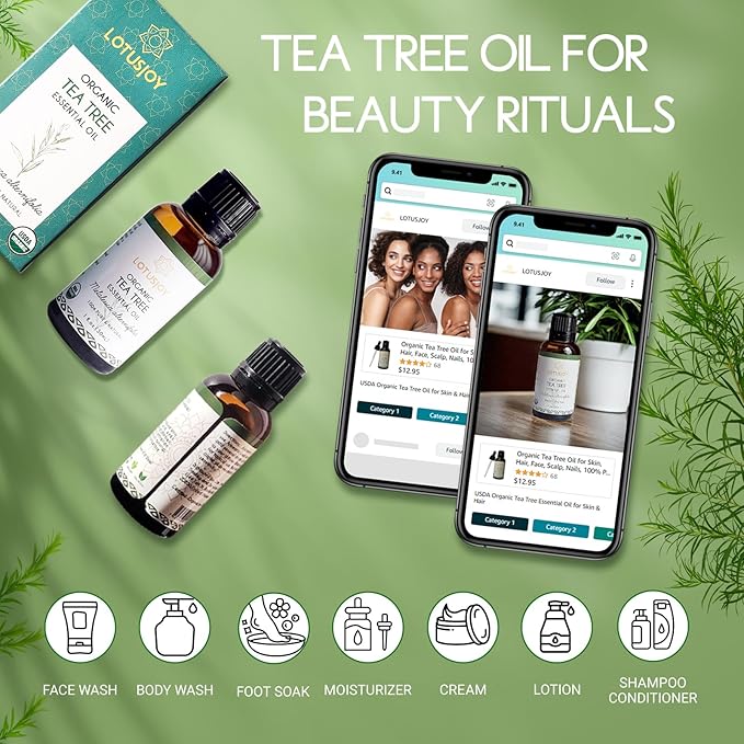 LOUTSJOY Organic Tea Tree Oil for Skin, Hair, Face, Scalp, Nails, 1 Oz