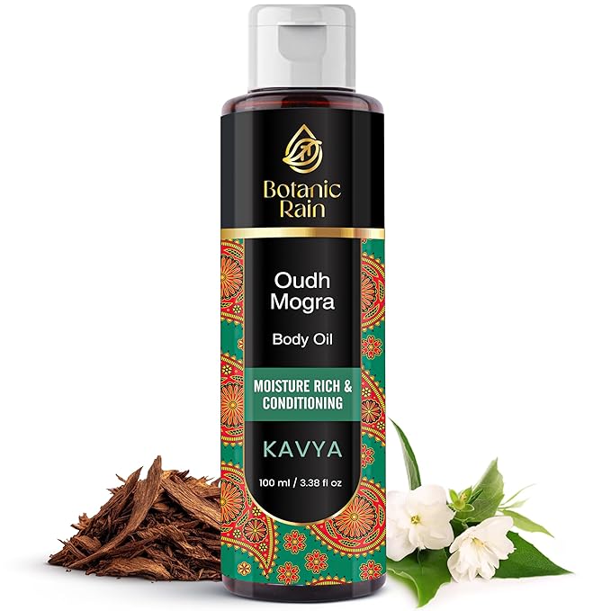 Botanic Rain Ayurveda Body Oil for Dry & Crepey Skin – Non-Greasy After Shower Lightweight Moisturizer with Oudh & Mogra, 3.38 fl oz (2, Mogra)