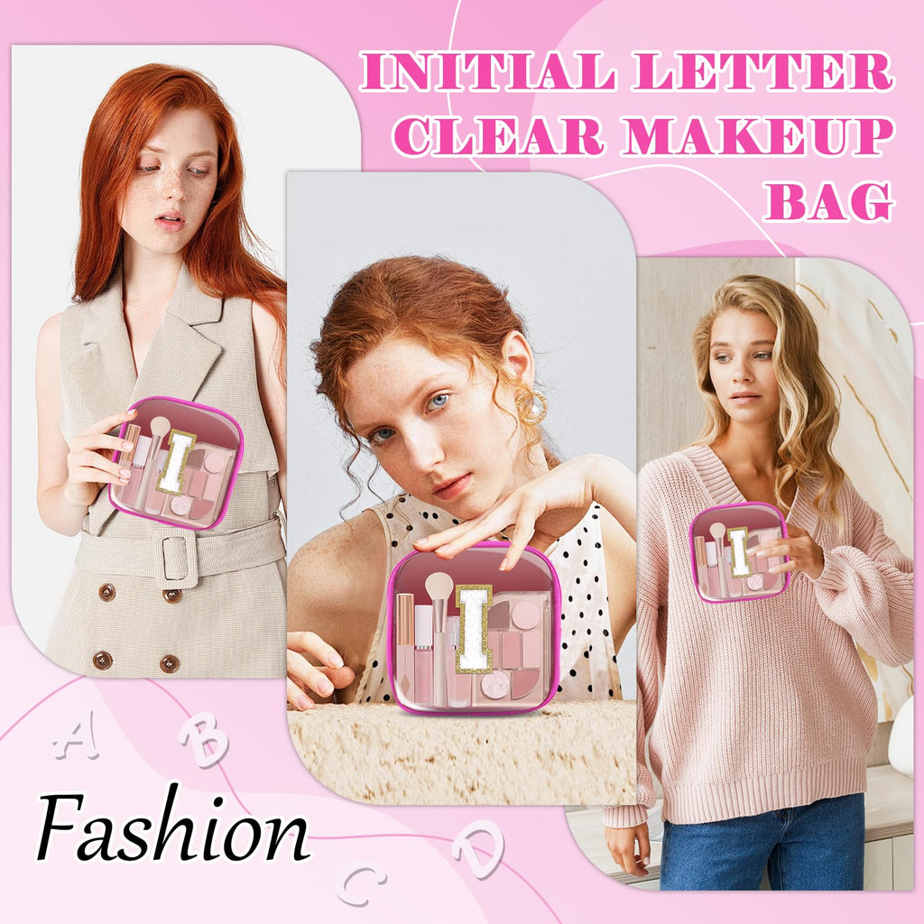 Personalized Initial Letter Clear Preppy Makeup Bag,Mini Nylon Chenille Letter Cosmetic Bag Cute Zipper Pouch Coin Purse for Teen Girls,Portable TSA Approved Travel Essentials Bag Gift for Women,I