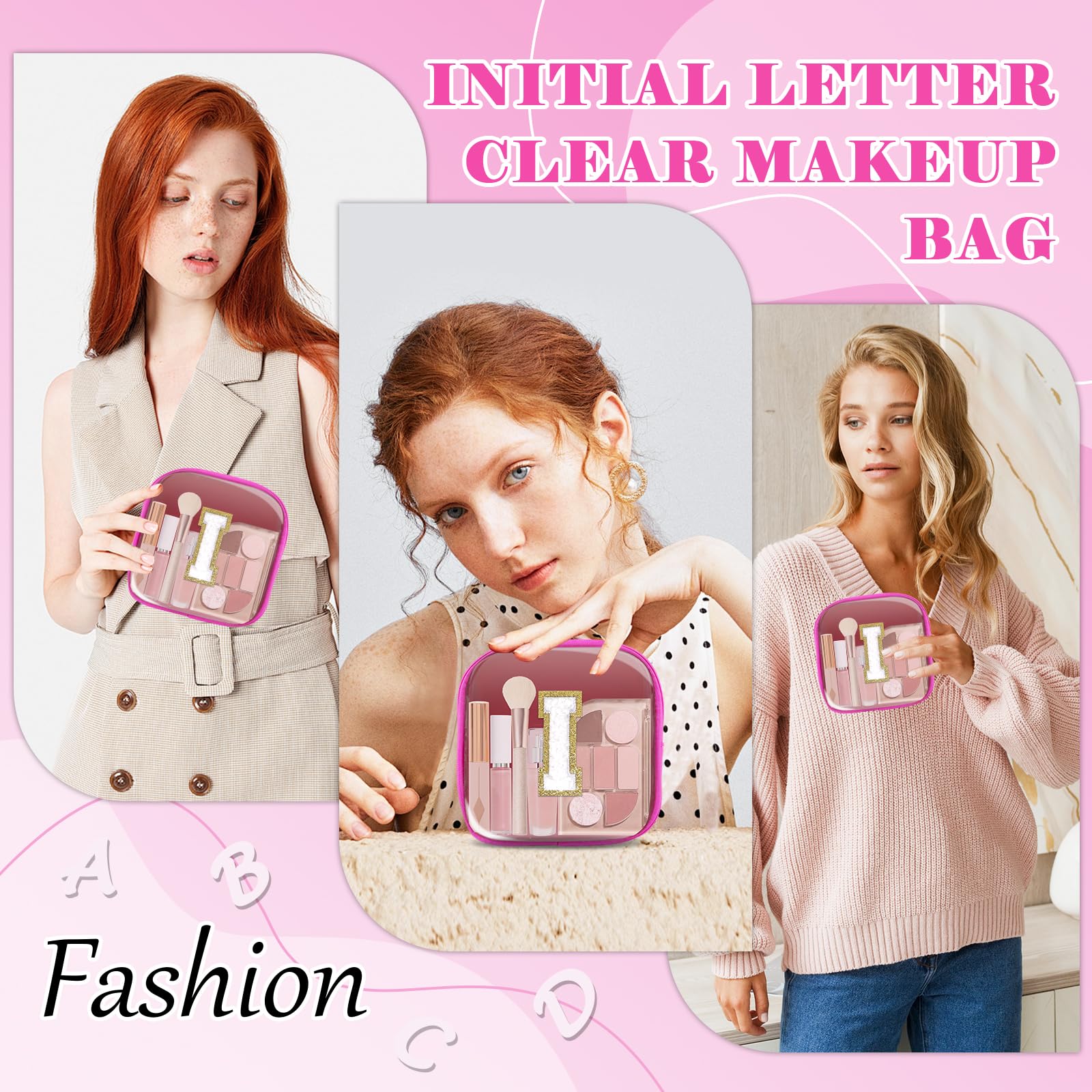 Personalized Initial Letter Clear Preppy Makeup Bag,Mini Nylon Chenille Letter Cosmetic Bag Cute Zipper Pouch Coin Purse for Teen Girls,Portable TSA Approved Travel Essentials Bag Gift for Women,I