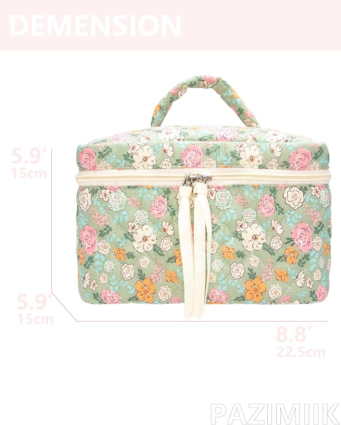 Quilted Makeup Bag for Women, Travel Cosmetic&Toiletry Bag,Green Flower