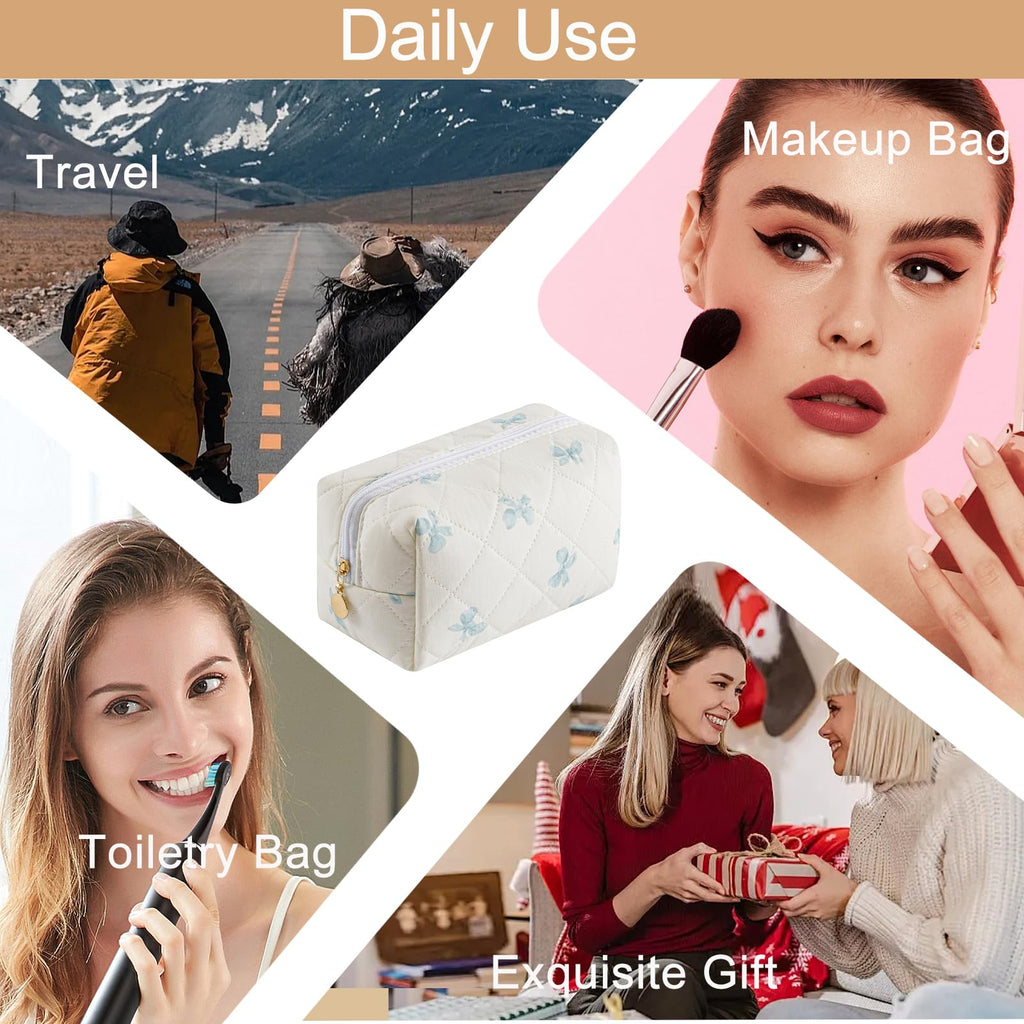 HHQQWZ Makeup Bag Travel Cosmetic Bag for Women Girls, Zipper Make Up Pouch, Floral Flowers Toiletry Organizer Makeup, Portable Storage Bag, Cosmetic Travel Cloth Bag (Blue Bow Tie)