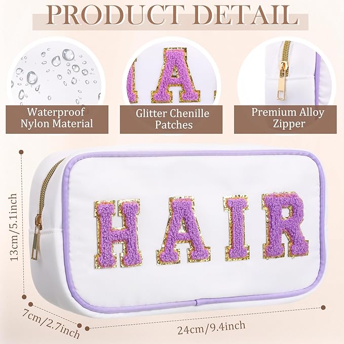 Cunno Preppy Makeup Bags Chenille Letter Stuff Bag Nylon Cosmetic Pouch Cases with Zipper for Women Travel Toiletry(White Set,Novel,4 Pcs)