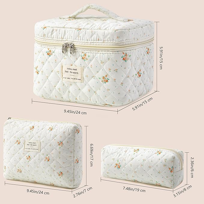 HBselect Quilted Makeup Bag, 3Pcs Cotton Large Travel Makeup Bags Organizer