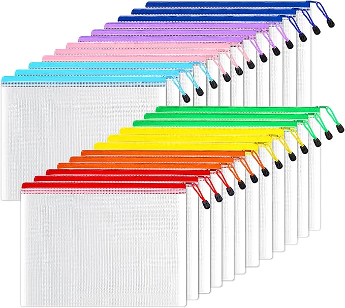 SUNEE Plastic Mesh Zipper Pouch 11x15 in (8 Colors, 24 Packs),Extra Large Water-Resistant Zip Bag for School Office Supplies, Puzzles & Games Organizing Storage