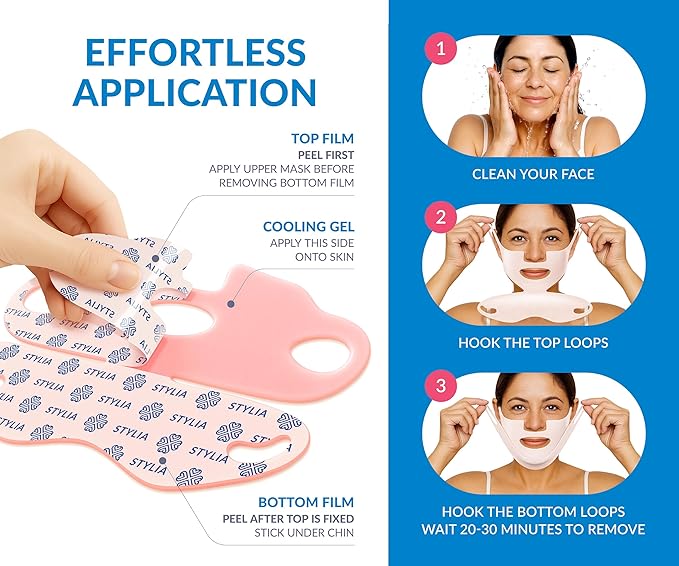 Stylia MaxiLift V-Line Lifting Collagen Face Mask - Double Chin Strap - Jawline Shaper - Neck Firming and Tightening Mask with Hyaluronic Acid & Aloe Vera - Chin Strap for Sleeping (10PC)