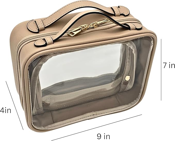 JAZD Clear Makeup Bag Toiletry Bag for Women Cosmetic Case Large Capacity Travel Make Up Bag Organizer Transparent Storage Compartment TSA Approved (BEIGE)