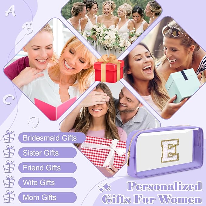 UIXIZQ Personalized Initial Letter Clear Makeup Bag,Preppy Small Nylon&PVC Cosmetic Zipper Bag with Chenille Letter,Travel Skincare Toiletry Bag,Monogram Christmas Gift for Teen Girls Women,E