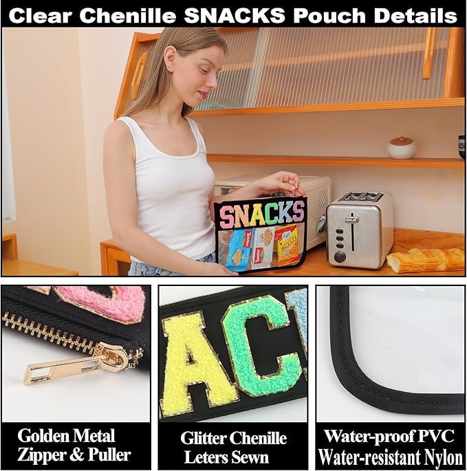 YogoRun Snack Bags Clear Zipper Travel Bag for Women - Clear Nylon PVC Travel Pouch (Black)