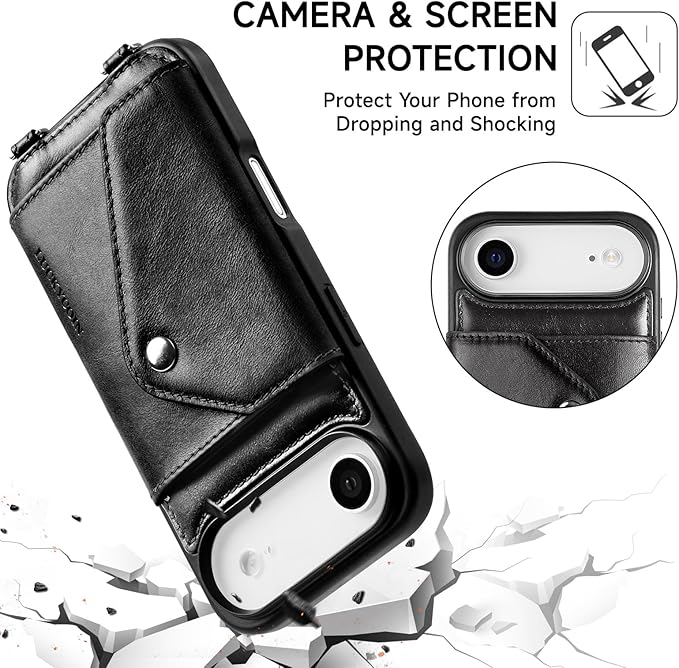 LUCKYCOIN Crossbody Phone Case for iPhone Air,100% Genuine Leather Phone Wallet Case for Women,Fashion Premium Hands-Free Phone Purse with Expandable Flip Card Holder & Adjustable Strap - Retro Black