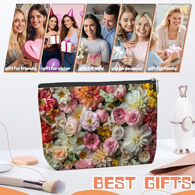 Scribesense Makeup Bag Travel Cosmetic Bags Small Makeup Case Waterproof Zipper Pouch for Women Girls 7X9inches - Exuberant Array of Multicolored Fresh Flowers