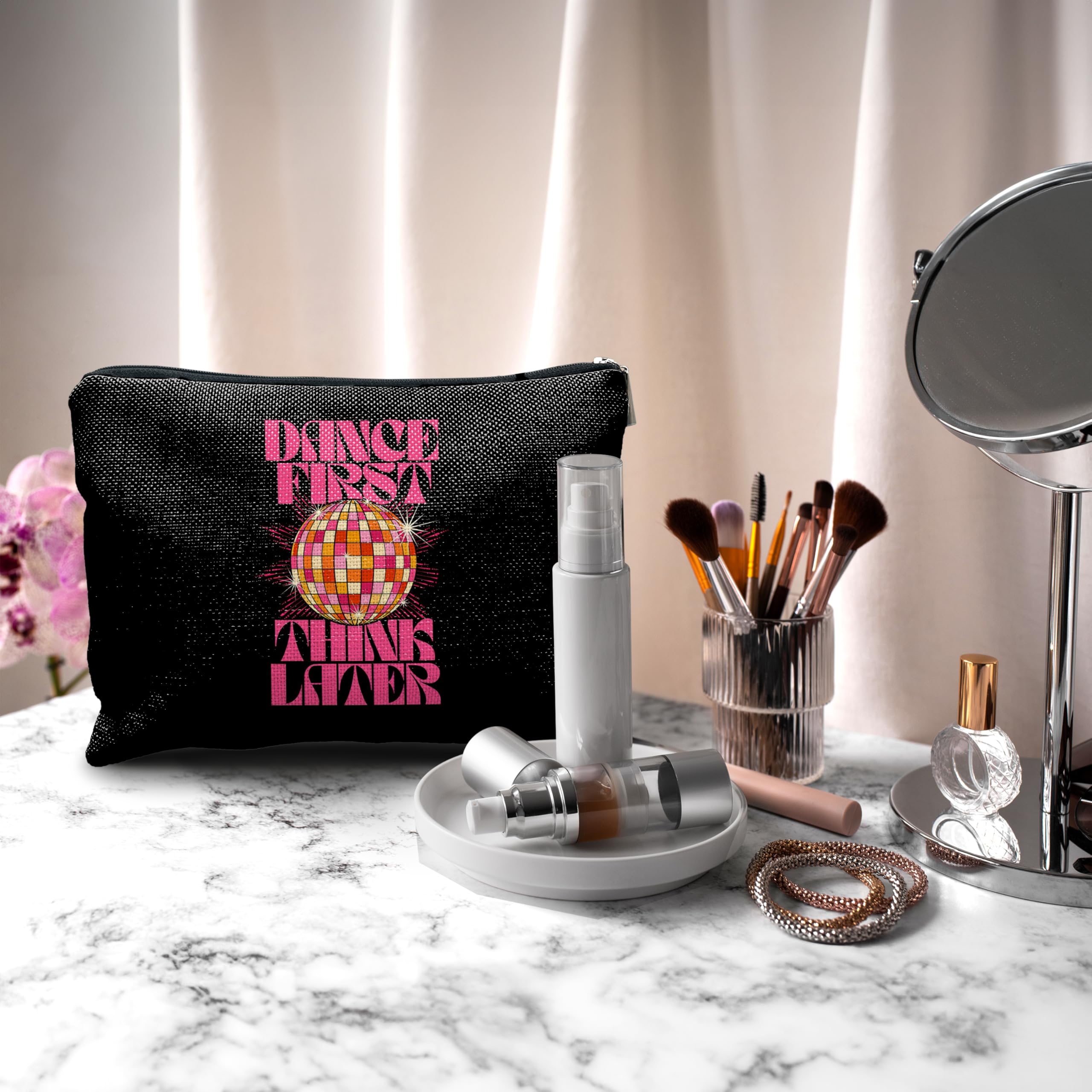 Nogrit Dancer Makeup Bag,Dance First Think Later Trendy Hot Pink Disco Ball Inspirational Makeup Travel Toiletry Bag,Dancing Gifts for Women,Gifts for Dance Lovers
