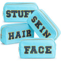 Remerry 4 Pcs Nylon Makeup Bags Waterproof Spacious Travel Cosmetic Bag for Women Chenille Letter Preppy Zipper Pouch Face Stuff Skin Hair Organizer Gift(Blue Color)