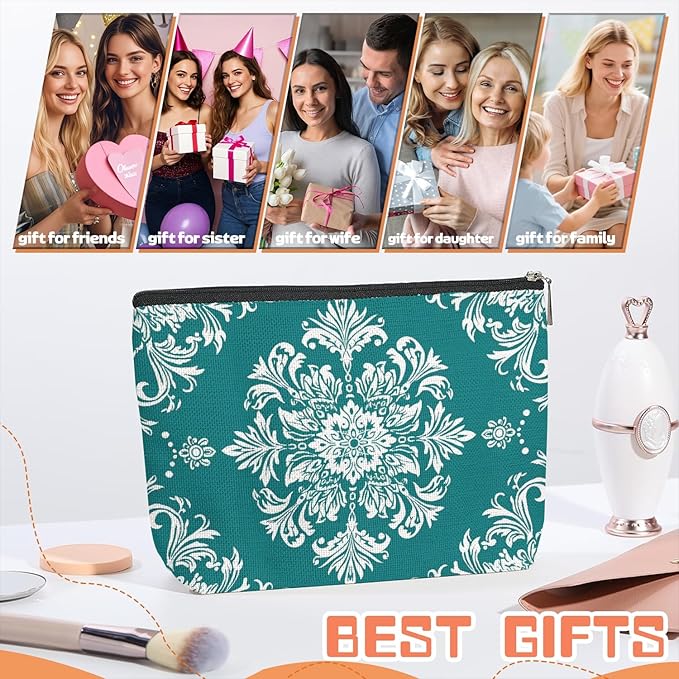 Scribesense Makeup Bag Travel Cosmetic Bags Small Makeup Case Waterproof Zipper Pouch for Women Girls 7X9inches - White Floral Ornamentation in A Circular Layout