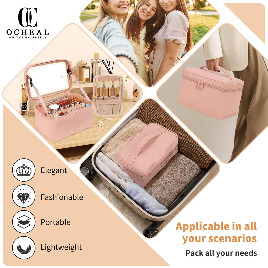 Makeup Bag With LED Mirror, Lightweight Travel Makeup Bag With 3 Color Setting Light Up Mirror Cosmetic Makeup Organizer Vanity Case for Women Beauty Tools Accessories Rechargeable Train Case-Pink