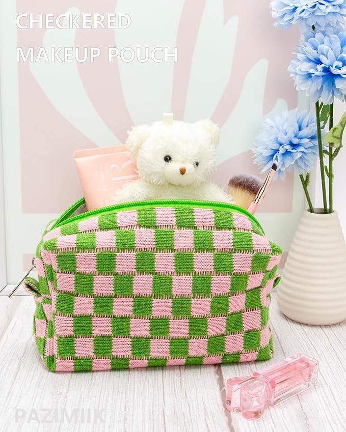 Checkered Makeup Bag for Purse, Small Cosmetic Pouch,Pink Green,2 Pack