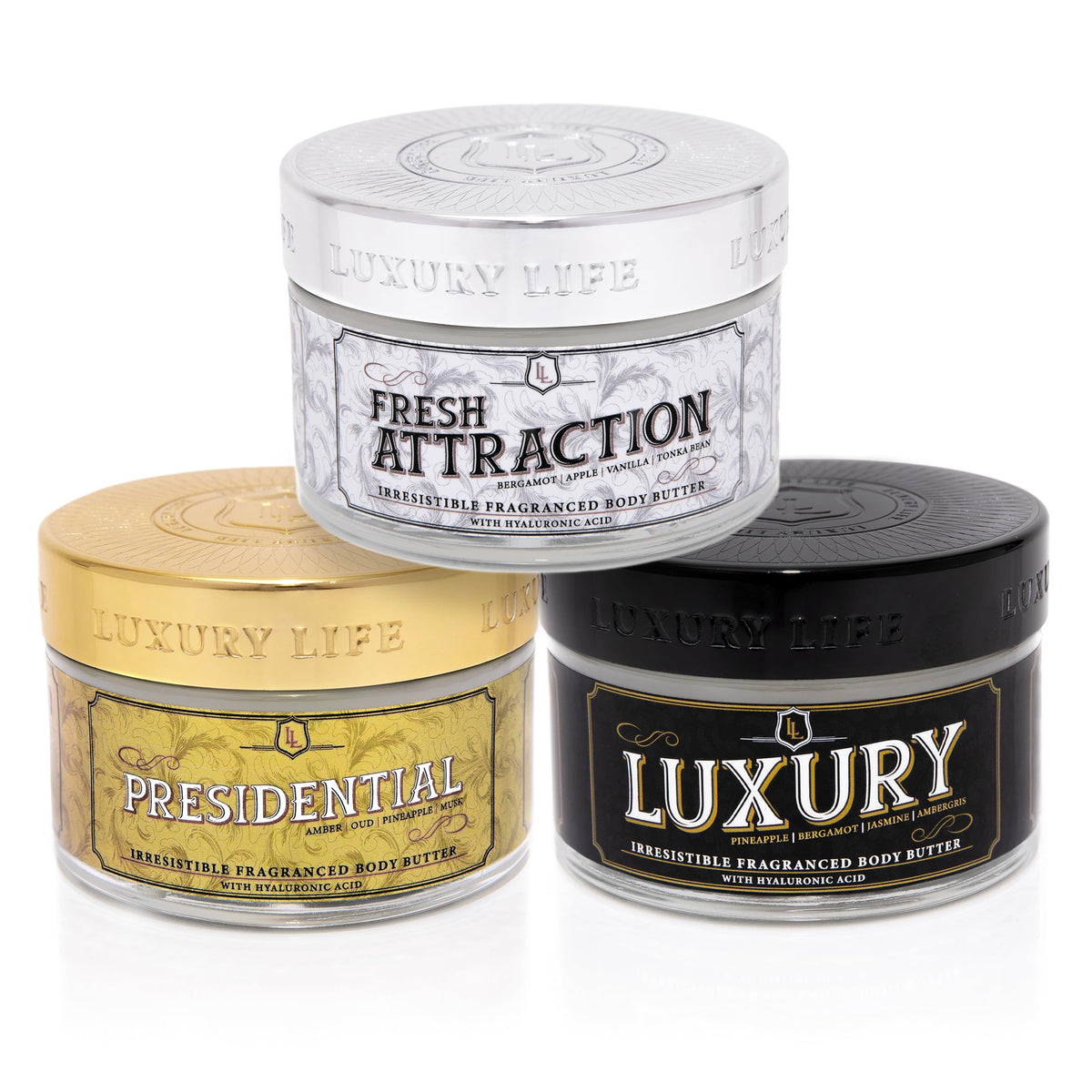 LUXURY LIFE BUTTER - Irresistibly Scented Body Butter with Hyaluronic Acid for Ultimate Moisture. Hydrates for a Non-Greasy Glamorous Glow (Presidential, Fresh Attraction, Luxury 5 oz)