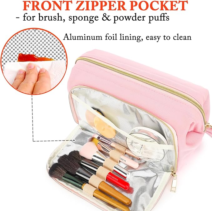 Fammart Travel Makeup Bag, Wide-open Cosmetic Bag Make Up Organizer Case with Brushes Pocket for Women, Large Family Toiletry Bag Skincare Pouch for Toiletries Accessories
