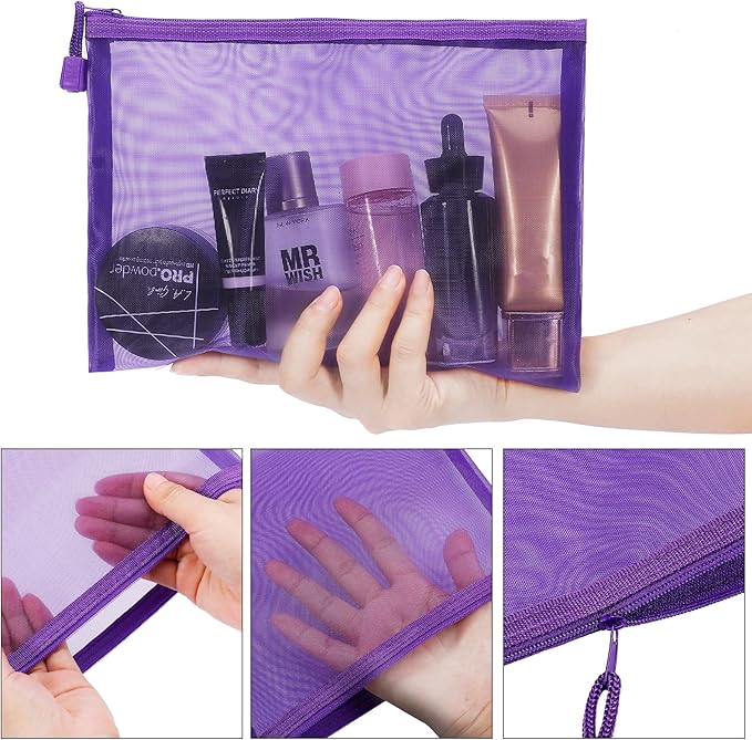 Sinzip 12 Pieces Zipper Nylon Mesh Pouch, Mesh Cosmetic Bags Makeup Bags Pencil Case, Multipurpose Travel Bags for Cosmetic School Office Supplies and Travel Accessories (Purple, A5)