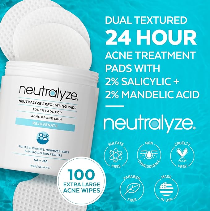 Neutralyze Acne Pads with DuoClear Acid System — 1% Salicylic + 1% Mandelic Dual-Textured Exfoliating Toner Pads for Face, Back & Body — Fragrance-Free, Low-Alcohol — Step 2 (100 ct)
