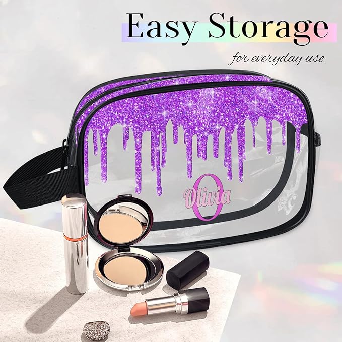 KFNHN Personalized Name Clear Toiletry Bag, Large Travel PVC Cosmetic Bag Portable Makeup Organizer Bag for Women Bathroom Shower Essentials, Dark Voilet Purple Fluid Shape Glittering