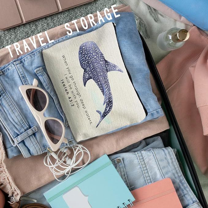 RYYCDOI Whale Shark Christian Makeup Bag Pouch, Christian Shark Gifts for Women, Bible Verse Gifts Isaiah 43:2, When you go through deep waters I will be with you