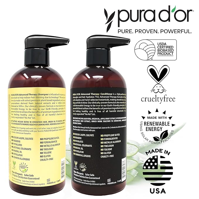 PURA D'OR Advanced Therapy Biotin Shampoo & Hair Regrowth Conditioner Set For Hair Thinning, CLINICALLY TESTED Effective Thickening Results, For Women & Men, Invigorating Forest Scent, 16oz x2