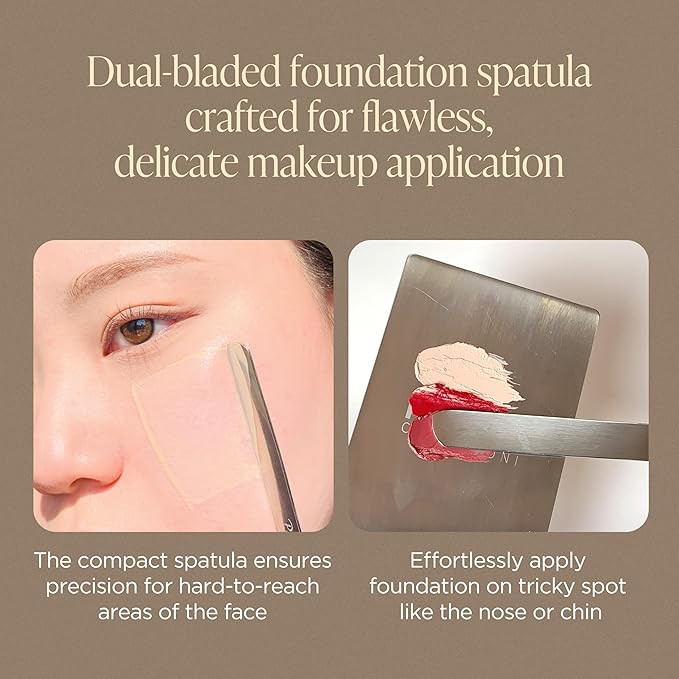 Piccasso Professional Makeup Spatula Sponge 2 Set - Stainless Steel Foundation Spatula for Thin & Seamless Base - K-Beauty Korean Tool for Flawless Finish - Includes Leather Case