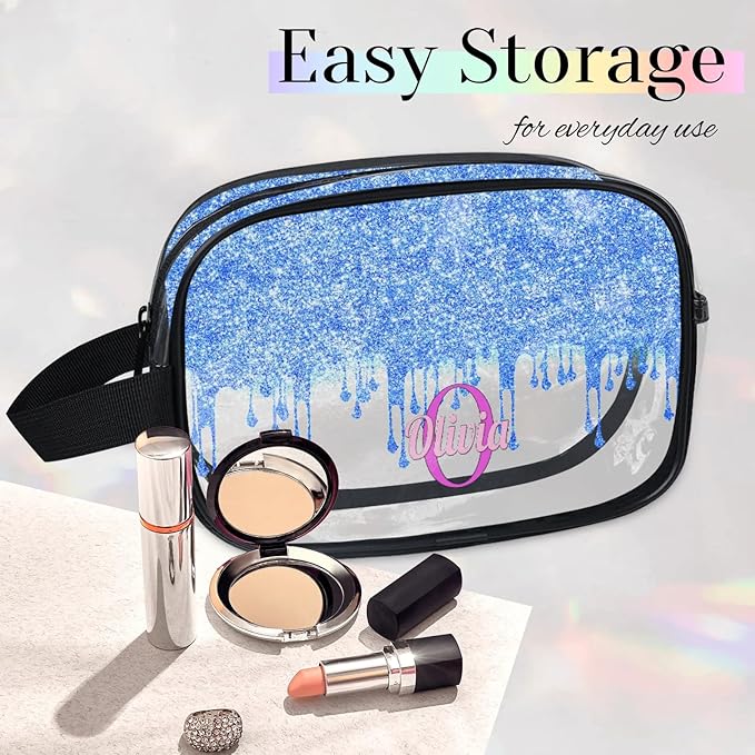KFNHN Personalized Travel Transparent Cosmetic Bag Waterproof Makeup Bags, Custom Name Light Sky Blue Curtain Glittering Romantic Organizer Case Clear Toiletries Container Bag